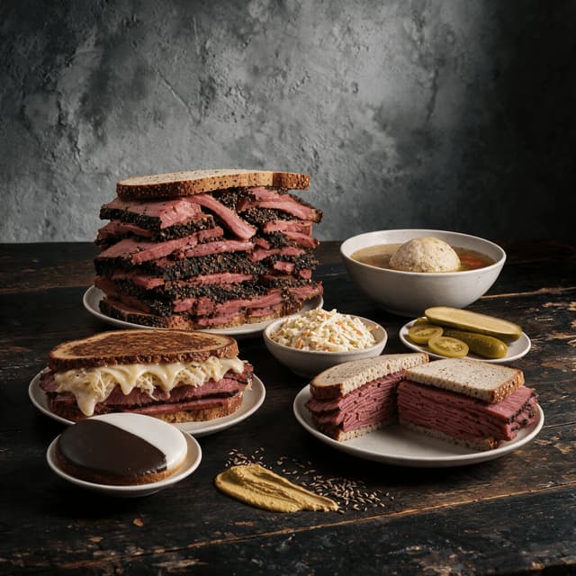 New york deli spread pastrami on rye corned beef reuben half sour pickles matzo ball soup coleslaw black and white cookie dark wood — deli card photography