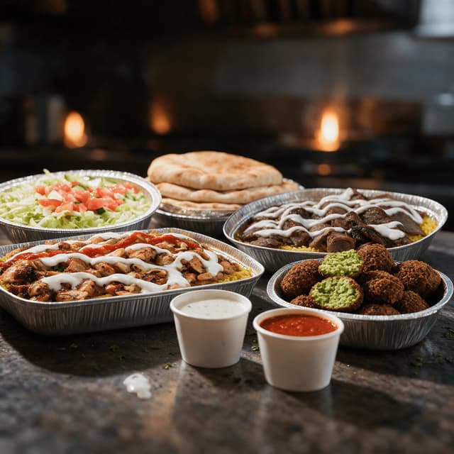 New york halal cart spread chicken over yellow rice lamb gyro falafel white sauce red hot sauce pita salad street food — halal cart card photography