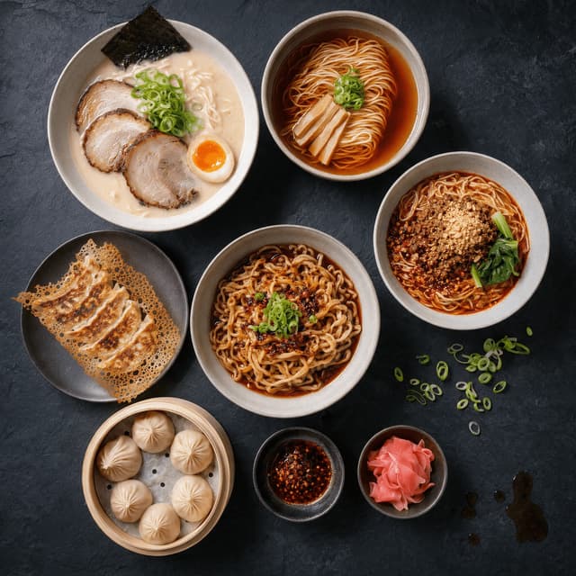 New york ramen noodle spread tonkotsu shoyu ramen chashu ajitama egg gyoza hand pulled noodles dan dan overhead dark slate — ramen card photography