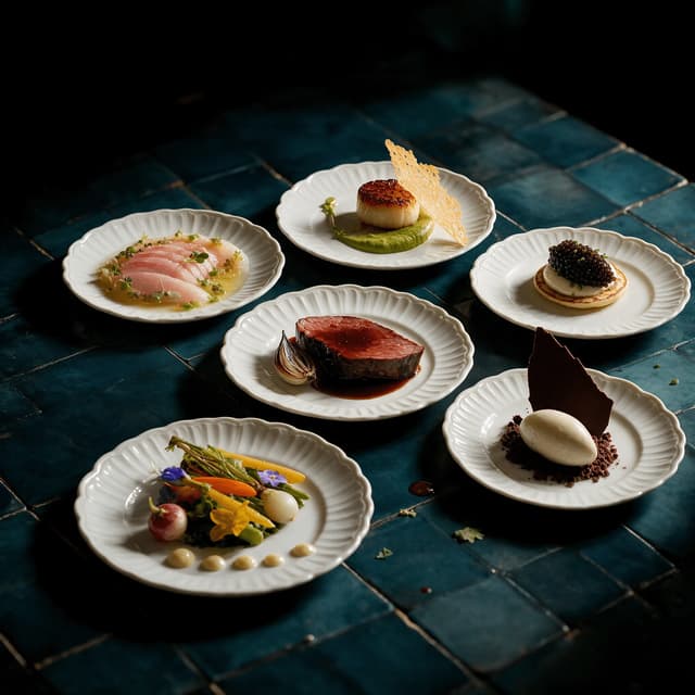 New york fine dining tasting menu spread plated courses crudo seared scallop caviar beef tenderloin dessert teal tile — fine dining card photography