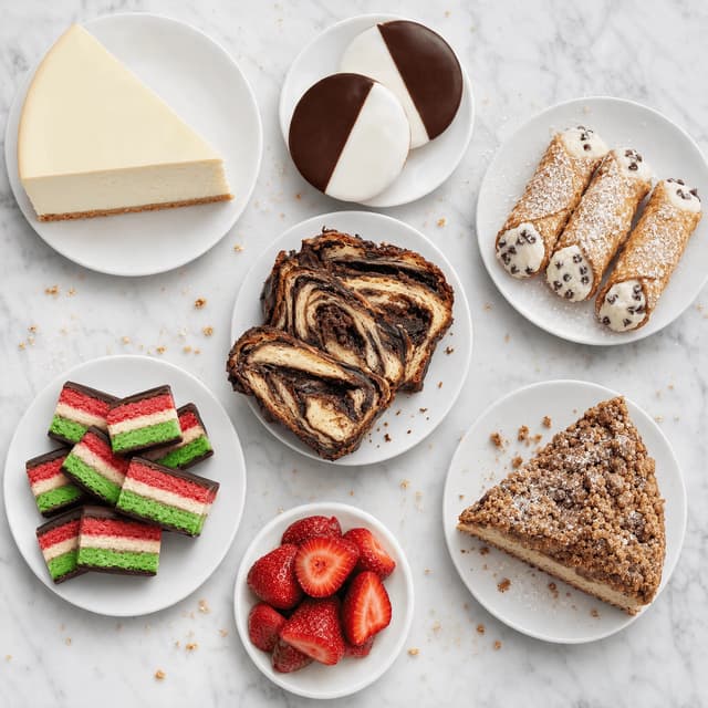 New york dessert spread tall dense cheesecake black and white cookies cannoli chocolate babka rainbow cookies overhead marble — dessert card photography