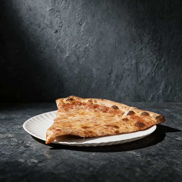 New york pizza by the slice wide thin foldable triangle cheese pull charred blistered crust grease sheen pizzeria — nyc slice hero photography