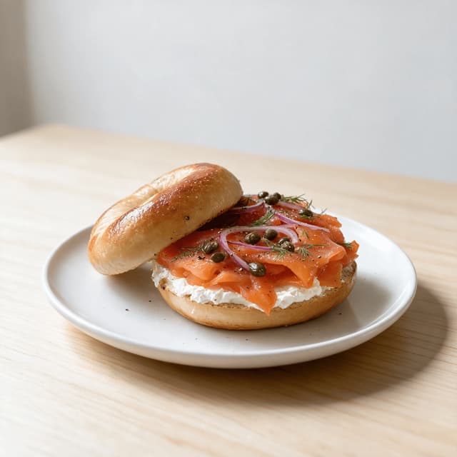 New york bagel and lox dense chewy boiled bagel cream cheese schmear cold smoked salmon ribbons capers red onion dill — bagel lox hero photography