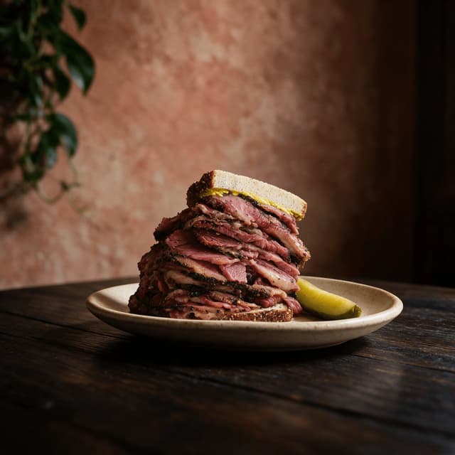 New york pastrami on rye towering hand cut pink peppercorn crusted pastrami mustard rye bread pickle deli — pastrami hero photography