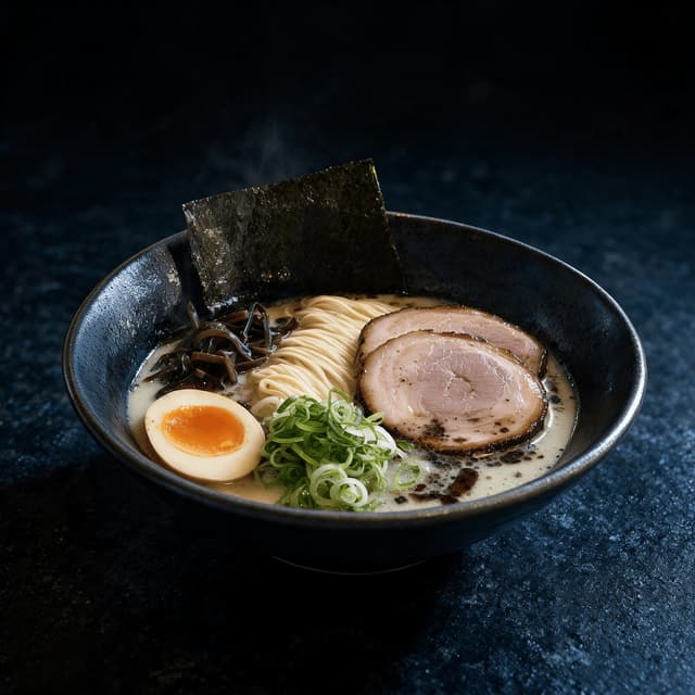 New york tonkotsu ramen creamy broth chashu pork ajitama soft egg halved nori scallion noodle lift bowl — ramen hero photography