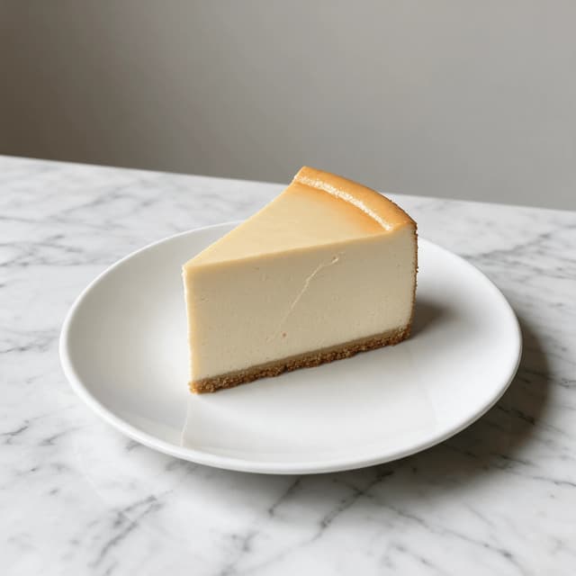 New york cheesecake tall dense straight sided pale ivory wedge clean cut face fine crumb thin golden graham cracker crust white marble — ny cheesecake hero photography