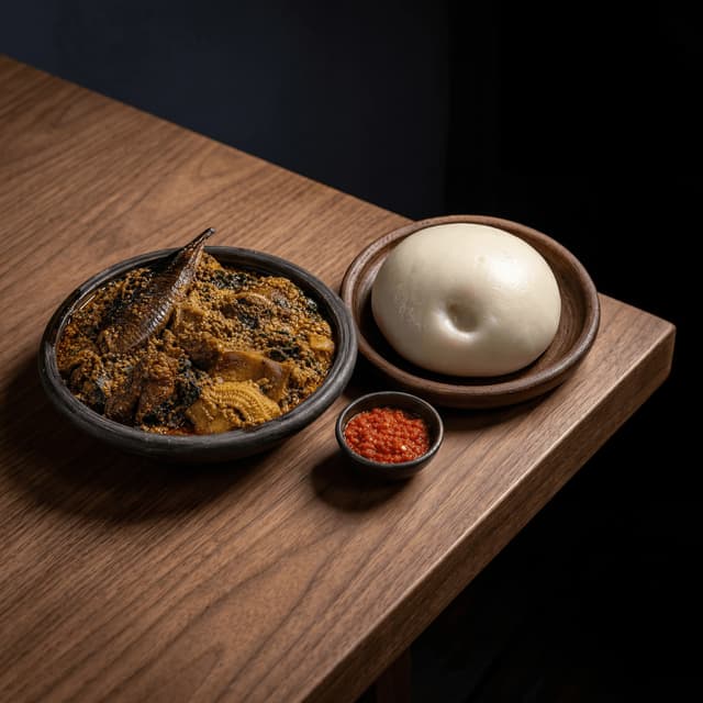 Egusi 湯配搗山藥泥組合,陶碗與深胡桃木,奈及利亞風味——Egusi 卡片攝影