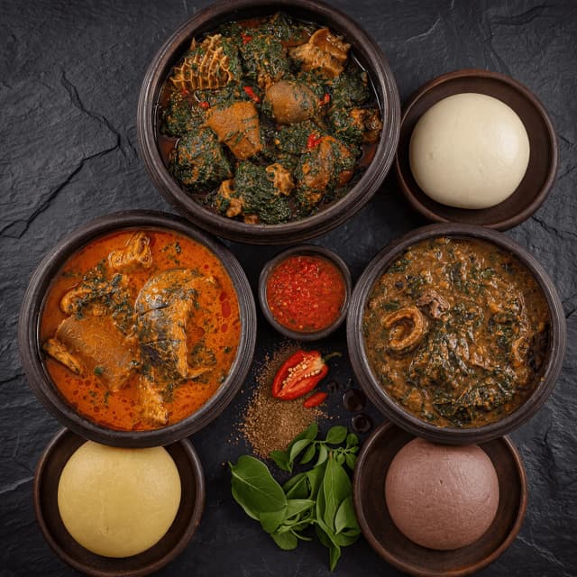奈及利亞燉湯 efo riro、banga、ogbono 配 swallow 主食 fufu、eba、amala,深色石板俯拍——奈及利亞燉湯卡片攝影