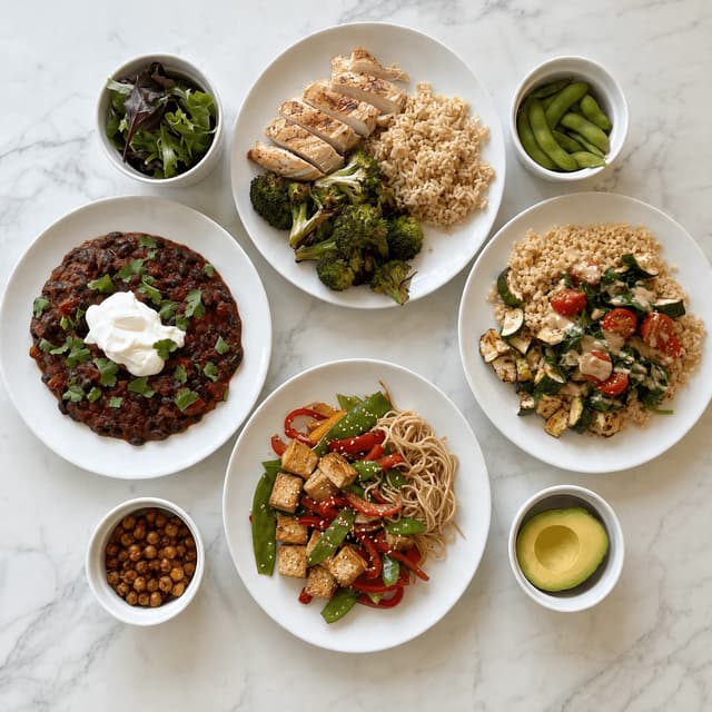 Overhead spread of four balanced meal plates including chicken and rice, a grain bowl, a tofu stir-fry and a bean chilli
