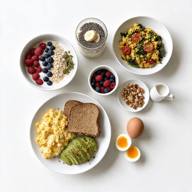 Overhead spread of four high-protein breakfasts including a yoghurt bowl, scrambled eggs on toast, overnight oats and a tofu scramble