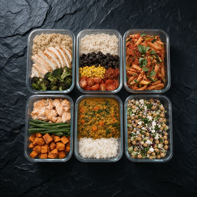 Overhead spread of six open glass meal prep containers holding different batch-cooked lunches in neat sections