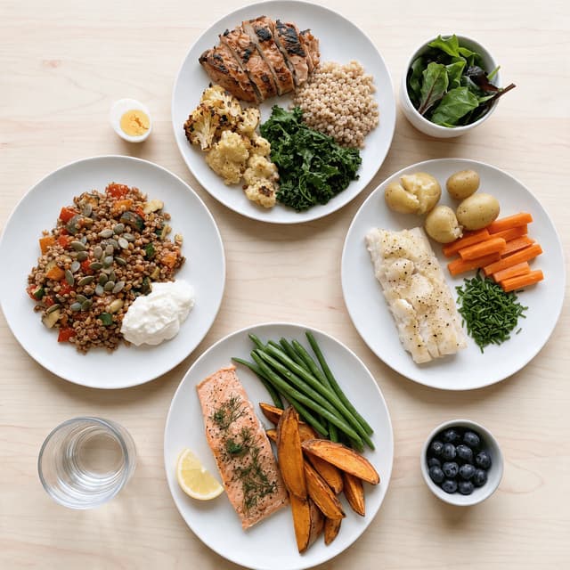 Overhead spread of four condition-specific meals including a low-glycaemic plate, a low-FODMAP plate, a heart-healthy plate and a gluten-free plate
