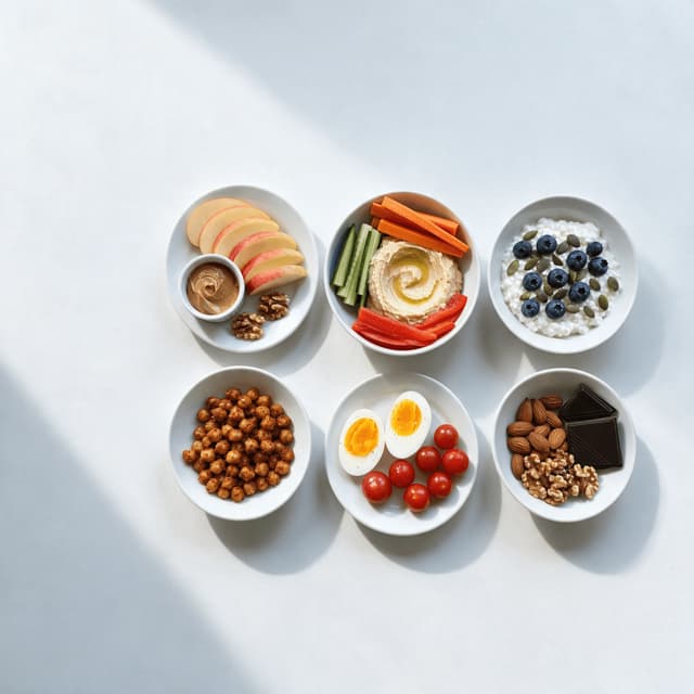 Overhead spread of six small snack plates including apple with nut butter, hummus with vegetable sticks, cottage cheese with berries and roasted chickpeas