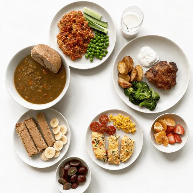 Overhead spread of five family-friendly plates including wholemeal pasta, a baked chicken and potato plate, a vegetable omelette and fruit portions