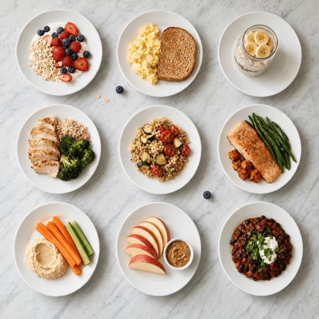 Overhead grid of nine small matched meal portions arranged in even rows as a layout set for handouts and social carousels