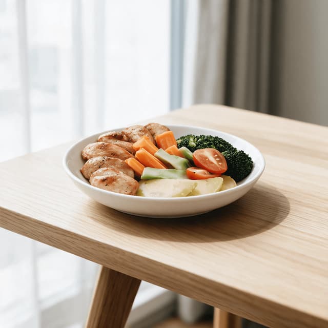 Balanced lunch plate with a sliced grilled chicken breast, brown rice and roasted broccoli and carrots at realistic portion size