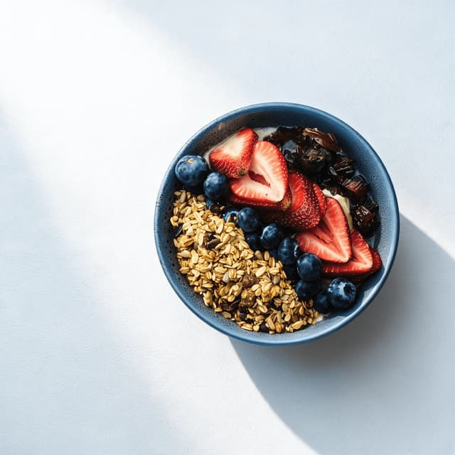 High-protein breakfast bowl of thick Greek yoghurt topped with mixed berries, oats and seeds in a plain white bowl