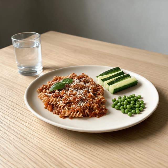 Child-sized plate of wholemeal pasta in tomato and lentil sauce with peas and cucumber sticks at the side