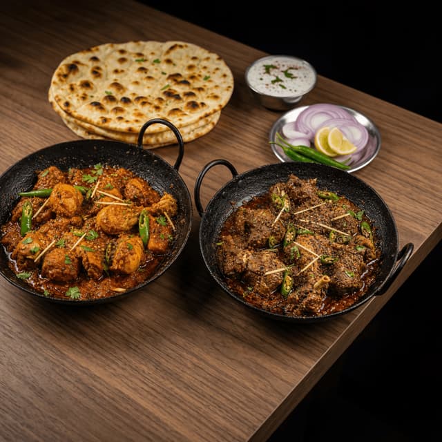 Pakistani karahi chicken mutton wok pan tomato ginger dark walnut — karahi card photography