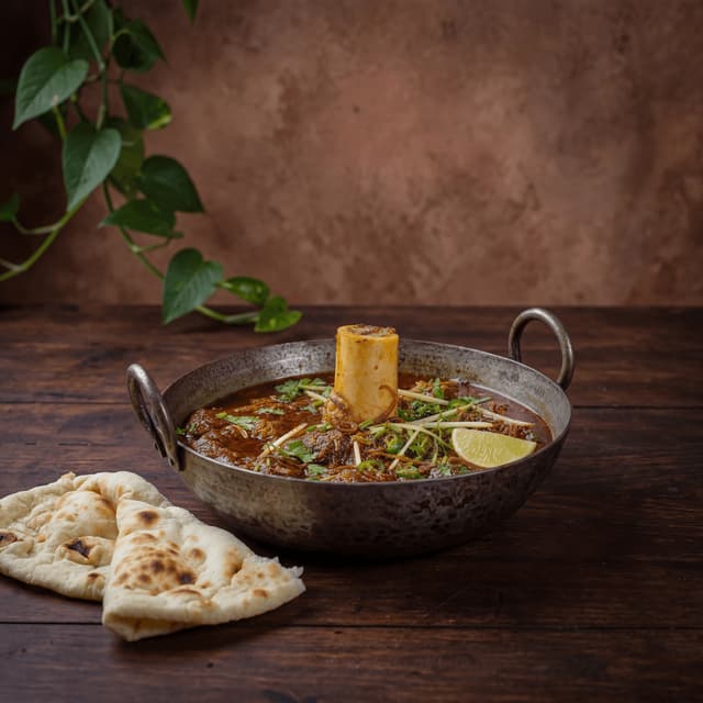 Nihari beef shank bone marrow rich gravy ginger lime naan rustic dark — nihari card photography