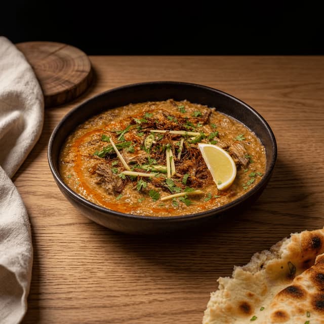 Haleem lentil wheat meat porridge fried onion ginger chile oil cozy warm wood — haleem card photography