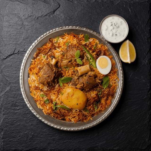 Pakistani Sindhi biryani potato masala rice raita boiled egg overhead slate — biryani card photography