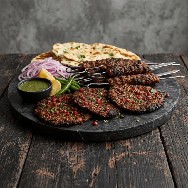 Pakistani seekh chapli kebab minced meat skewers patties char grill dark monolith — kebab card photography