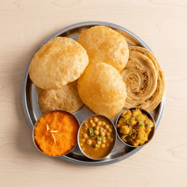 Pakistani paratha halwa puri breakfast chana suji halwa overhead light wood — halwa puri card photography