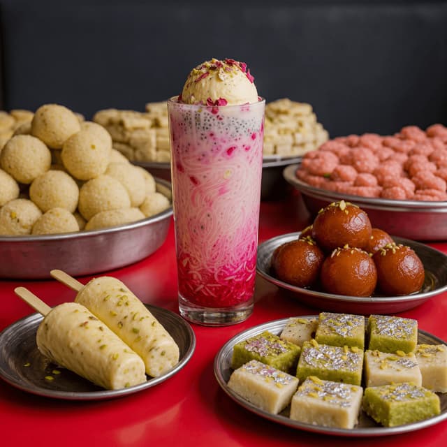 Pakistani falooda kulfi gulab jamun rose milk dessert tray red bakery — mithai card photography