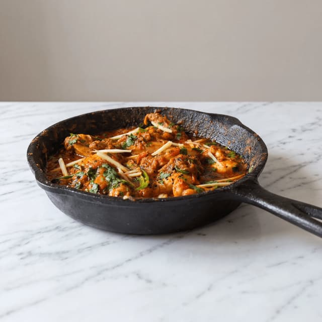 Chicken karahi wok pan tomato ginger green chili cilantro Pakistani — karahi hero photography