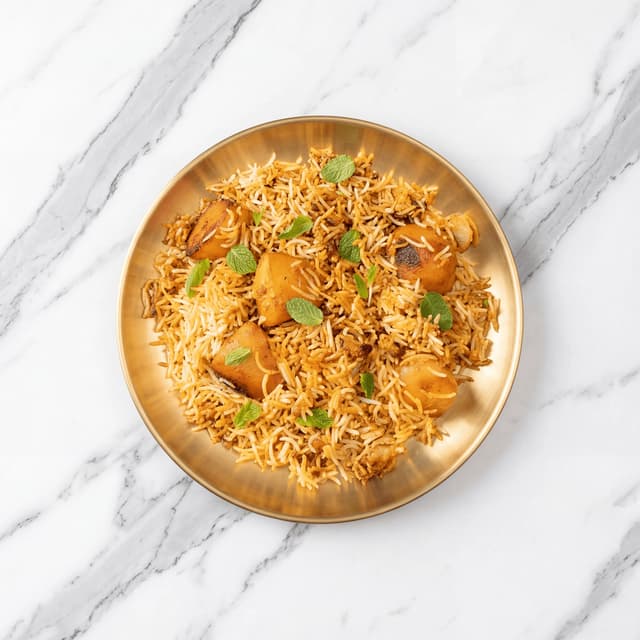 Pakistani biryani Karachi Sindhi style potato saffron rice masala raita overhead — biryani hero photography