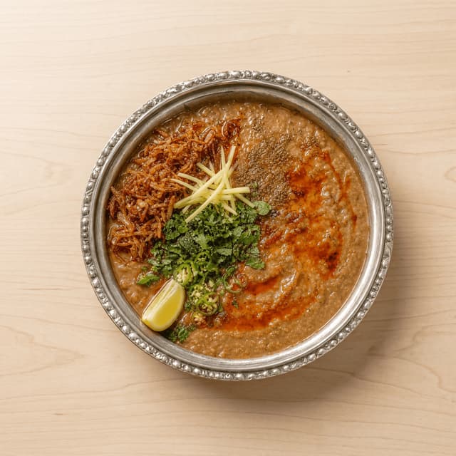 Haleem lentil wheat meat porridge fried onion ginger lime cilantro chaat masala overhead bowl — haleem hero photography