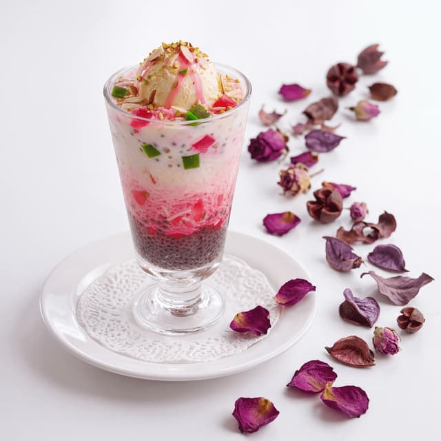Falooda rose milk dessert vermicelli jelly basil seeds ice cream tall glass — falooda hero photography