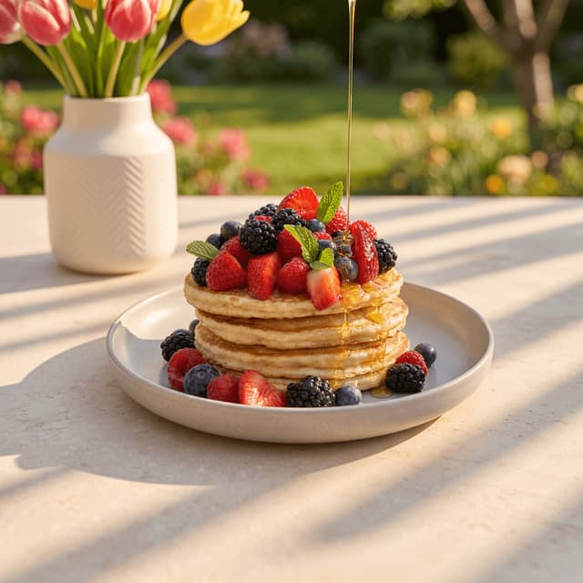 Wieża pancakes z trzema rodzajami owoców jagodowych: malinami, jeżynami i borówkami oraz miętą — żywa fotografia brunch