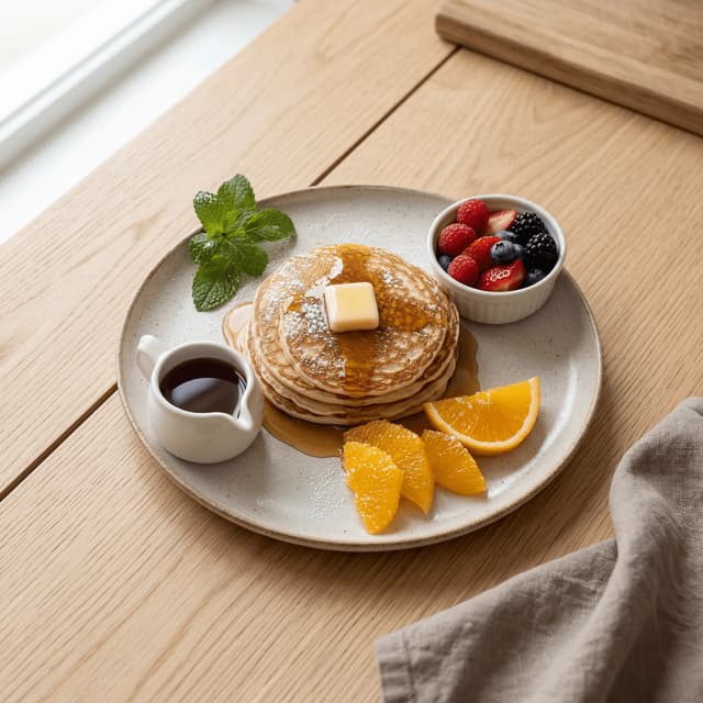 Pełen słodki talerz śniadaniowy z wieżą pancakes, owocami jagodowymi i dzbankiem syropu — kompozycyjna fotografia brunch