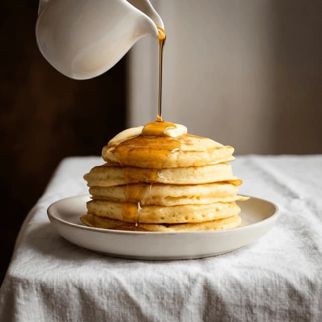 Wysoka maślankowa wieża pancakes z kaskadą syropu klonowego i kostką masła — fotografia brunchu w jadłodajni
