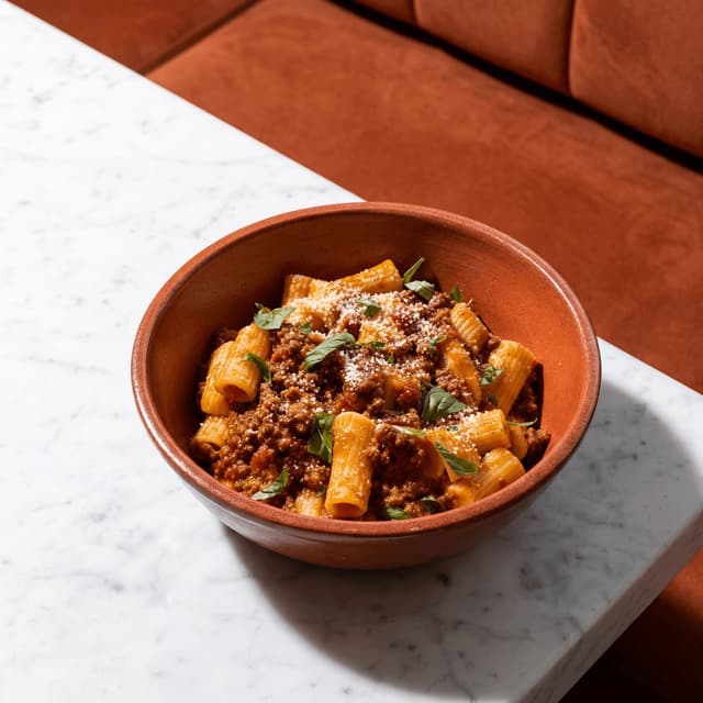 Rigatoni alla bolognese ground meat tomato sauce ridges — Italian tomato pasta card photography