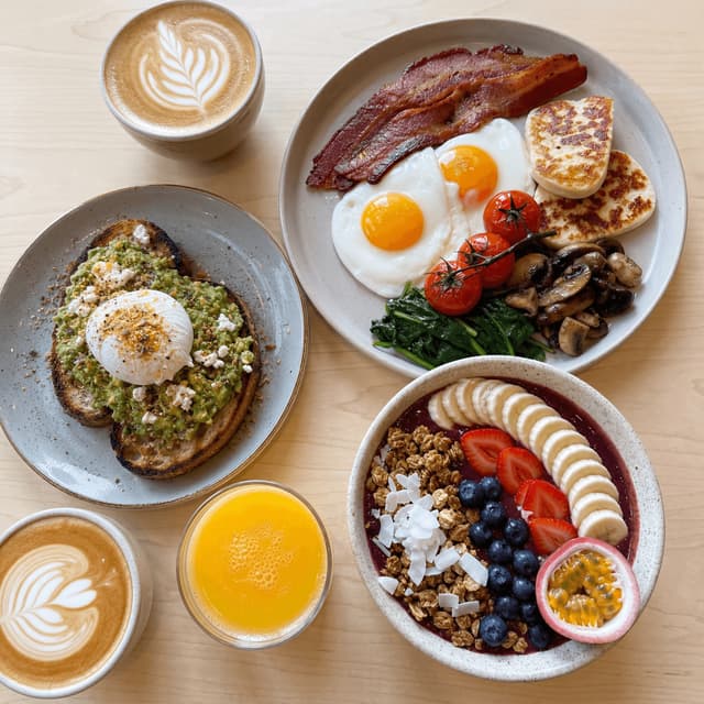 Perth brunch-opdækning smashed avo stor morgenmad açaí-bowl flat whites ovenfra lyst træ — brunch card-fotografering
