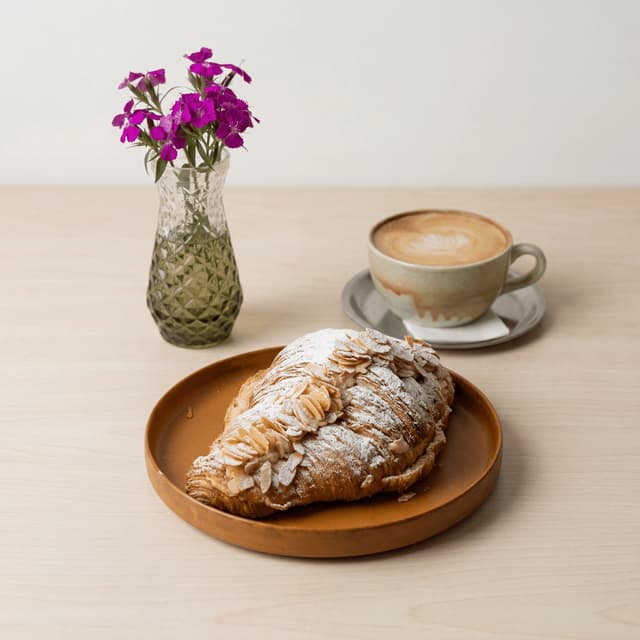 Flat white latte art mandelcroissant sprød Perth specialty kaffe — flat white hero-fotografering