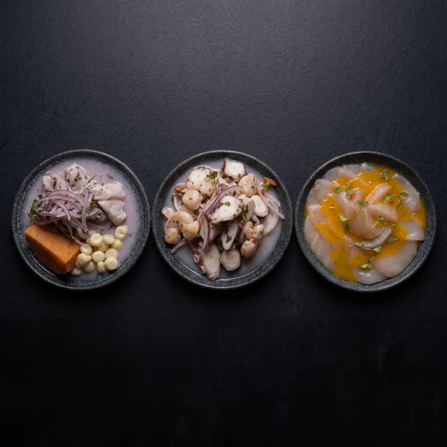 Three ceviche tiradito bowls trio overhead dark monolith Peruvian — ceviche trio card photography