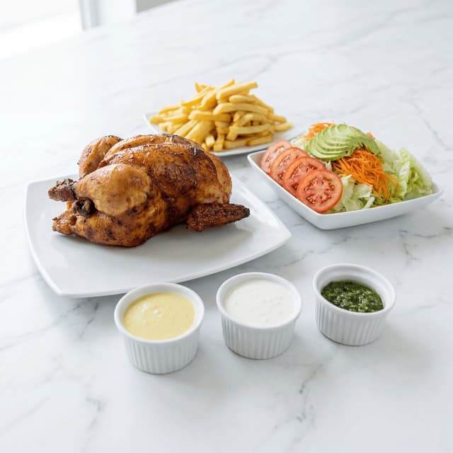 Pollo a la brasa quarter chicken aji verde Peruvian fries plate — pollo a la brasa hero photography