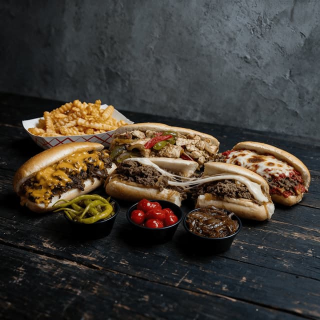 Philly cheesesteak spread provolone whiz chicken cheesesteak griddled onions cherry peppers fries dark wood — cheesesteak card photography