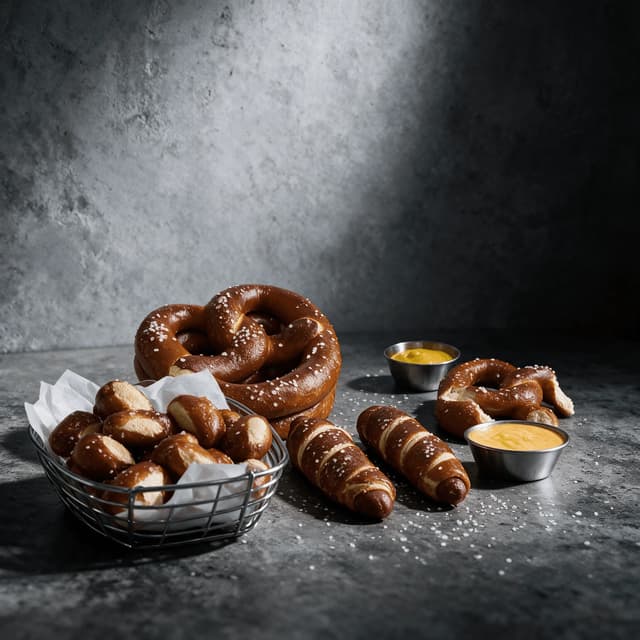 Philadelphia soft pretzel spread twisted pretzels salt mustard pretzel dogs cheese dip overhead grey steel — pretzel card photography