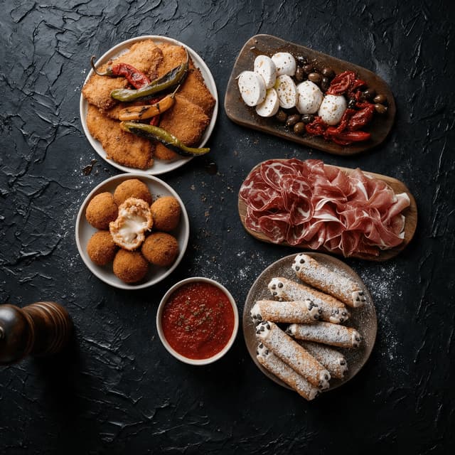 Philadelphia italian market spread chicken cutlet arancini fresh mozzarella cured meats cannoli overhead dark stucco — italian market card photography