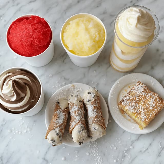 Philadelphia water ice dessert spread cherry lemon water ice gelati soft serve butter cake cannoli overhead marble — water ice card photography