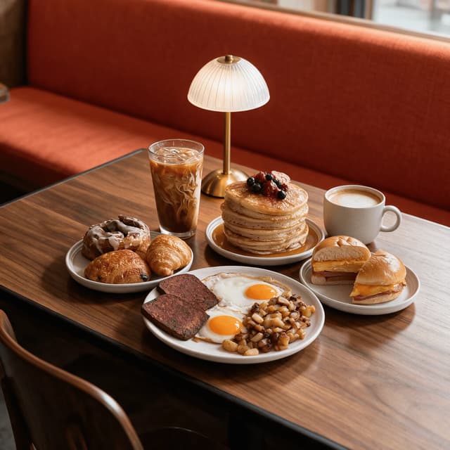 Philadelphia brunch spread scrapple eggs home fries pancakes breakfast sandwich cold brew terracotta fishtown — brunch card photography