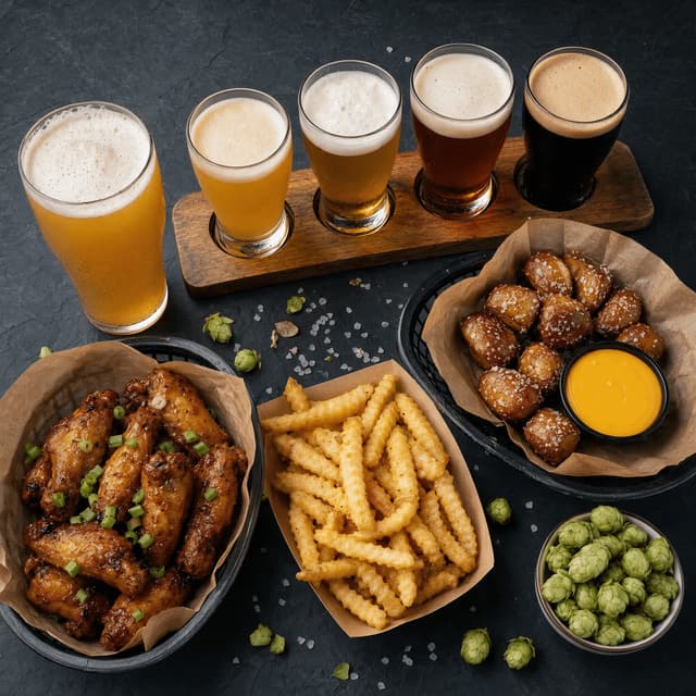 Philadelphia craft beer bar spread flight paddle hazy pint wings pretzel bites cheese dip overhead dark slate — beer bar card photography