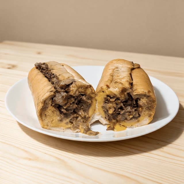 Philly cheesesteak long roll chopped griddled ribeye melted cheese sauce onions cut cross section — cheesesteak hero photography