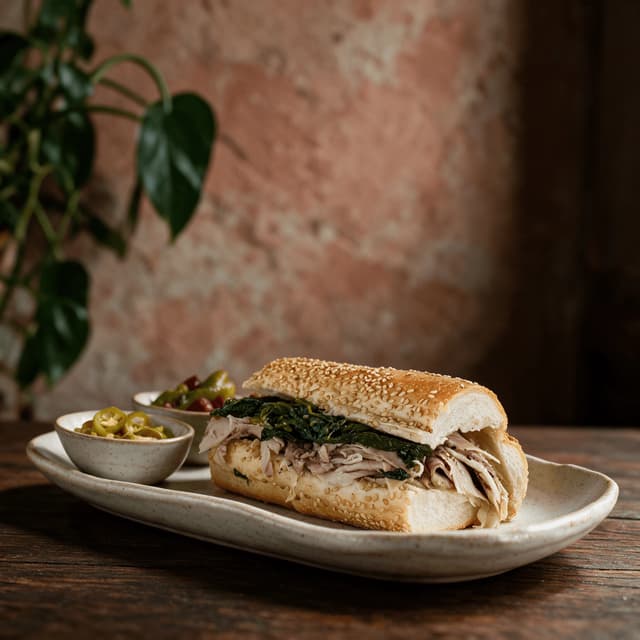 Philly roast pork sandwich sliced roast pork dark green broccoli rabe seeded italian roll hot peppers — roast pork hero photography