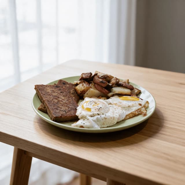 Philadelphia scrapple and eggs crispy fried scrapple runny sunny side up eggs home fries — scrapple hero photography